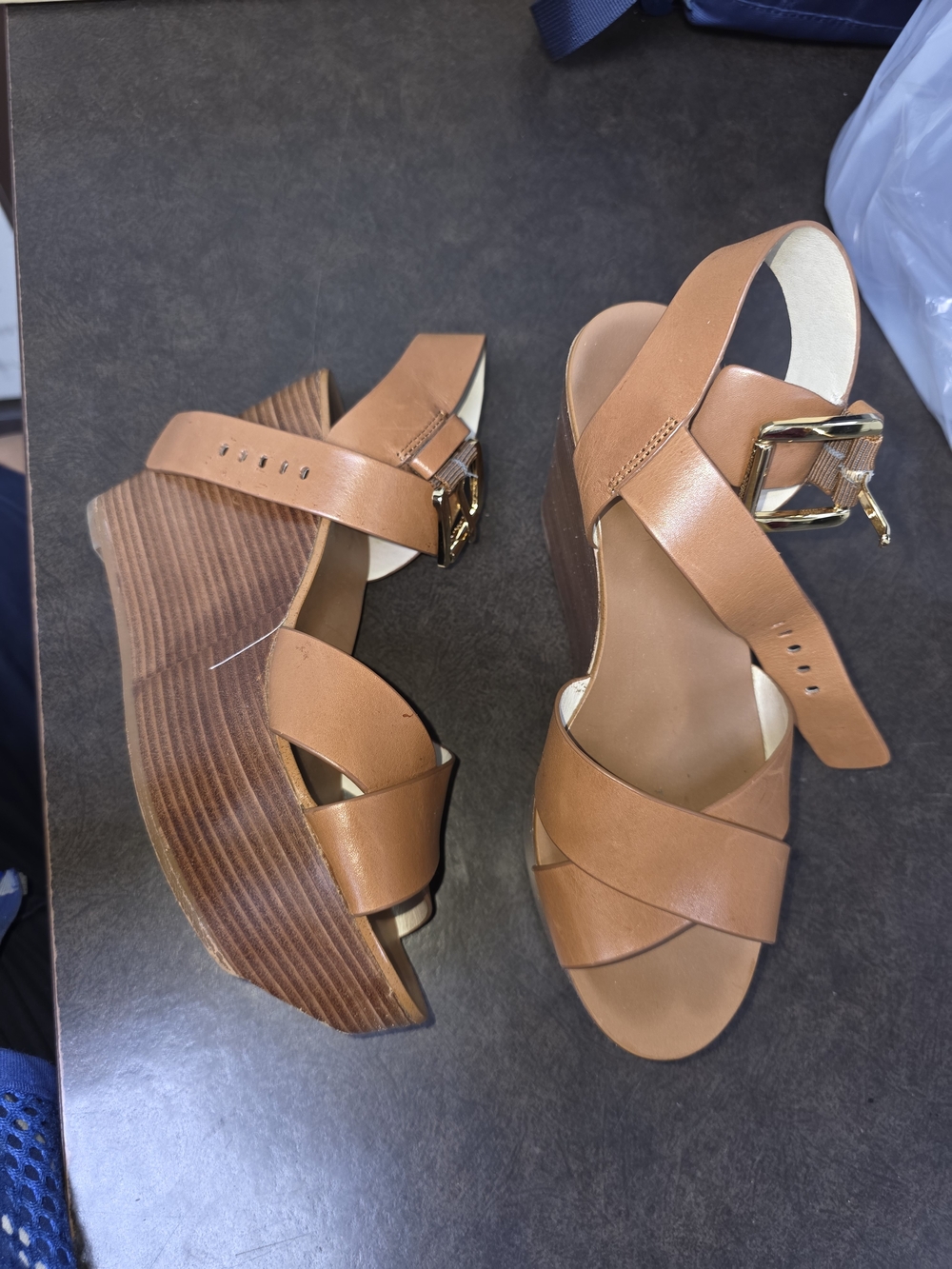 MICHAEL Michael Kors Tan Leather Wedge Sandals with Gold Buckle